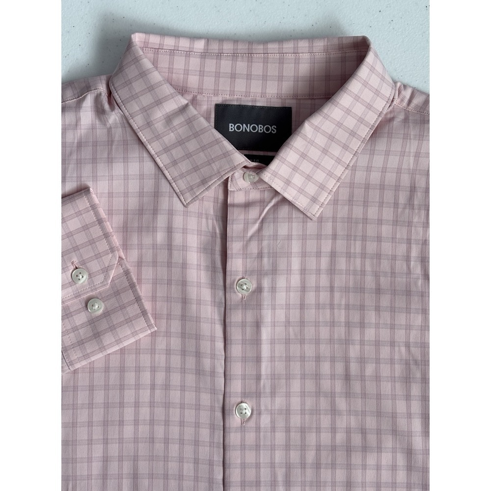 Bonobos Men's Large Slim Fit Light Pink Check Plaid Long‎ Sleeve Button Up Shirt
